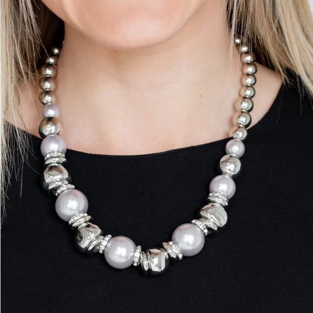 3pc Haute silver necklace earrings bracelet -paparazzi 106b